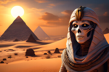 Portrait of a scary mummy on Egyptian pyramid  background. Generative Ai - 638374093