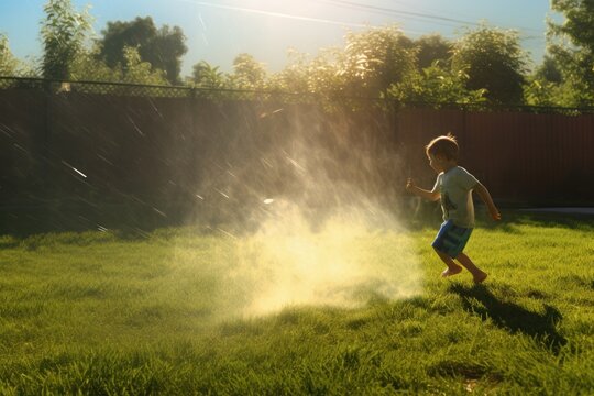 Water sprinkler fun, children playing under hot sun on grass.