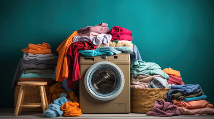 Interior of home laundry room with modern washing machine and plenty of clean and dirty laundry
