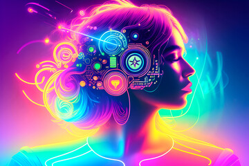 Futuristic profile image of a woman's head and consciousness.
