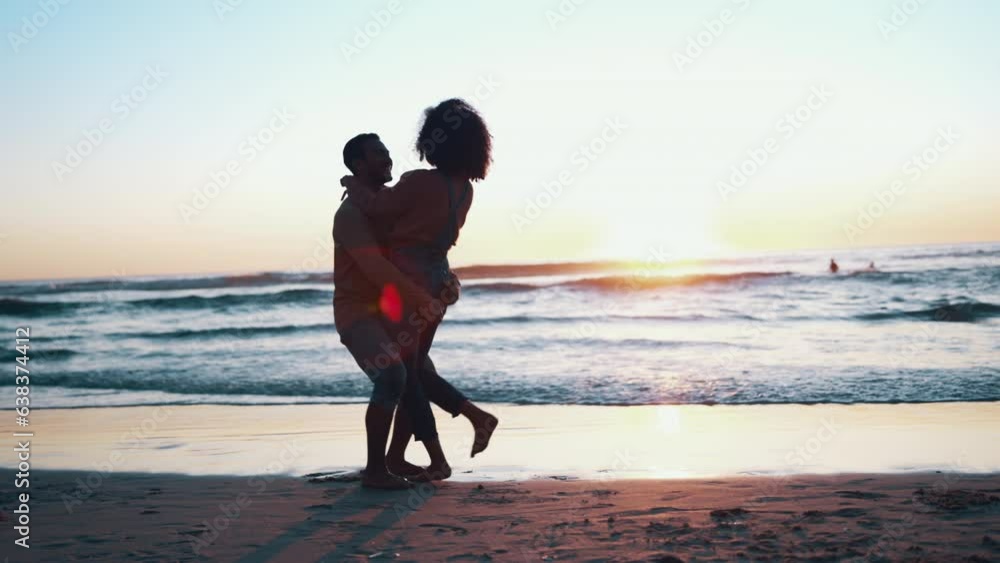 Poster Hug, love and couple with silhouette, beach and adventure with commitment, romance and marriage. Sunset, man and woman embrace, dark or romantic with relationship, honeymoon or celebration with care