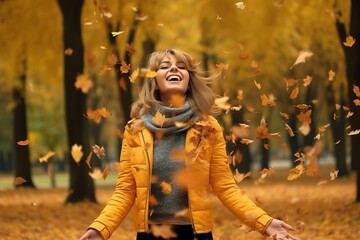 Woman dancing among autumn leaves, woman throwing leaves into the air, fall theme - Powered by Adobe