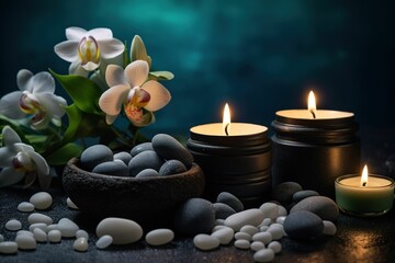 Obraz na płótnie Canvas Spa composition with aromatic candles, sea salt and stones on dark background, SPA skin care theme