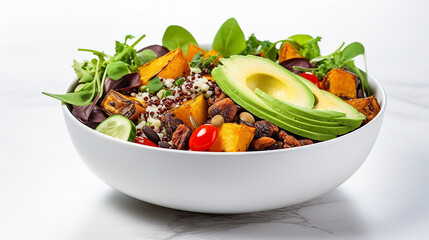 Quinoa salad in bowl with avocado, sweet potato, beans, herbs, Quinoa, superfood concept. 