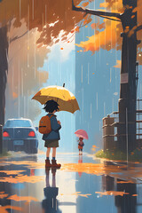 Rainy autumn scenery and a view of the child with an umbrella from afar Generative AI