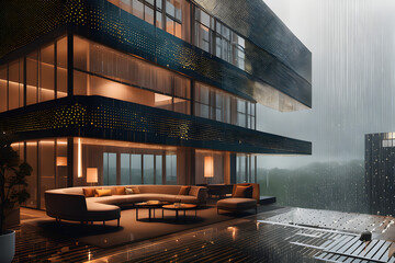 Fototapeta premium hotel have many glass windows on rainy day with dark forest background created with generative Ai