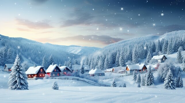 Background image of snow-covered red log cabin and pine forest, background image of Christmas cottage with blank creative space and snow scene theme, winter sale background, happy new year theme creat