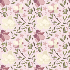 Floral pattern with magnolias on a colored background. Hand drawn illustration for printing on fabric and paper. Digital wallpaper