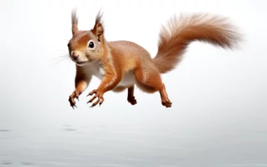 Schilderijen op glas Wildlife cute squirrel jumping isolated on a white background, AI Generation © tatka_swag