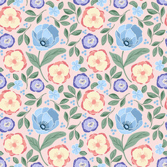 Seamless pattern with anemones and other flowers on a pink background. Hand drawn illustration for fabrics, prints and other