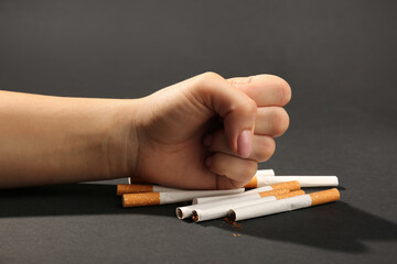 Woman smashing cigarettes on grey background, closeup. No smoking concept