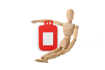 PNG,paper container of blood with a wooden doll. Blood donation,isolated on white background