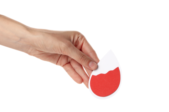 PNG,a paper drop of blood in the hand. Blood donation,isolated on white background