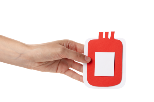 PNG,paper container of blood in hand. Blood donation,isolated on white background