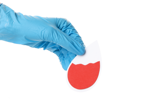 PNG,a paper drop of blood in a hand in a blue glove. Blood donation,isolated on white background