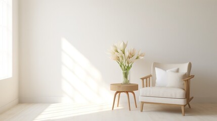 armchair and a vase with white calla lily flowers in empty room, minimalist modern living room interior background, scandinavian style, empty wall mockup