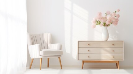 a modern wooden cabinet with rose flowers in a vase, empty wall mockup, scandinavian style interior decoration, morning light