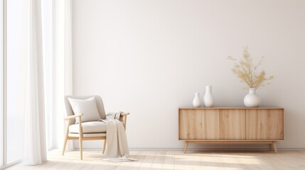 a modern wooden cabinet featuring a dry grass in a vase, accompanied by a soft white armchair, empty wall mockup, scandinavian style interior decoration