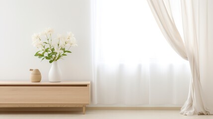 a modern wooden chest with white flowers in a vase, empty wall mockup, scandinavian style interior decoration, morning light