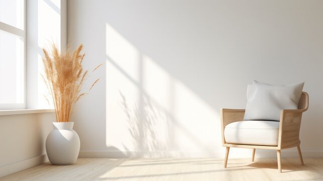 Fototapeta soft armchair and a vase with dry grass in empty room in morning light, minimalist modern living room interior background, scandinavian style, empty wall mockup
