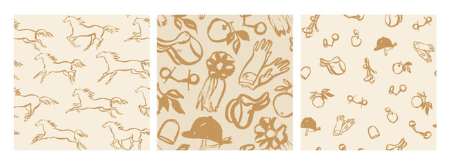 Equestrian seamless pattern, line art style, horseback riding tack and harness, classical style background templates