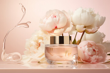 jar of face cream or serum with splashing product on a pastel pink background with white peonies