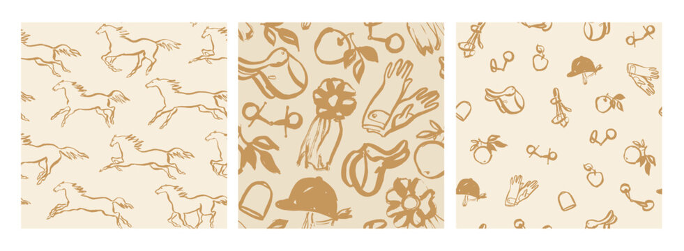 Equestrian seamless pattern, line art style, horseback riding tack and harness, classical style background templates