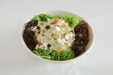 season green vegetables potato and fruit apple coleslaw w salad dressing sauce canapés butler in plate on white background appetiser Christmas festival party halal food hotel cuisine restaurant menu