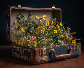 Open old vintage suitcase with wildflowers inside.