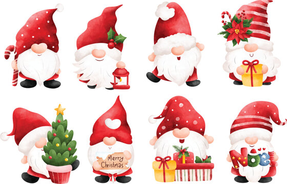 Watercolor Illustration set of Christmas gnome and Christmas ornaments