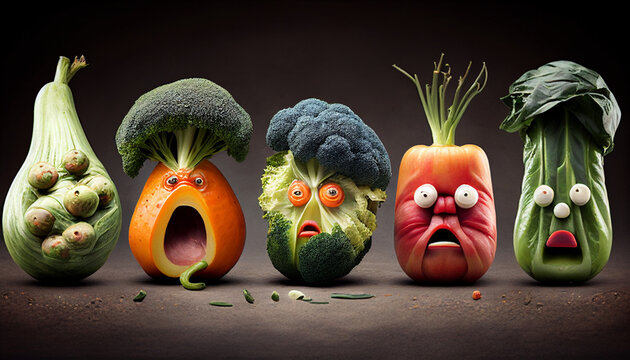 Umweltgerechte Ern&auml;hrung durch Klimawandel Folgen genmutation durch Gentechnik an Gem&uuml;se und Lebensmitteln Verschwendung Zombie Gesichter nachhaltige gesunde Ern&auml;hrung vegan Generative AI 