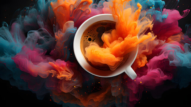 Coffee-filled cup, viewed from above, releasing steam on a backdrop of vibrant colors