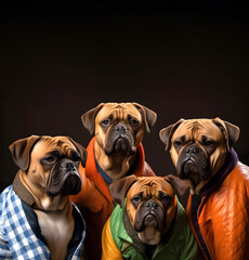 Creative animal concept. Bullmastiff dog puppy in a group, vibrant bright fashionable outfits isolated on solid background advertisement, copy text space. birthday party invite invitation banner