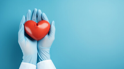 Doctor's hands in medical gloves in shape of heart on blue background. Banner for website with generative Ai