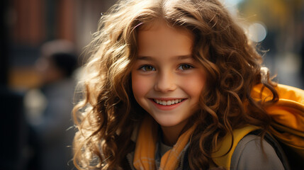 Fototapeta premium Smiling elementary student girl smiling and ready to board school bus.