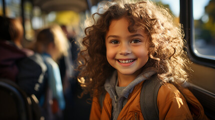 Smiling elementary student girl smiling and ready to board school bus.