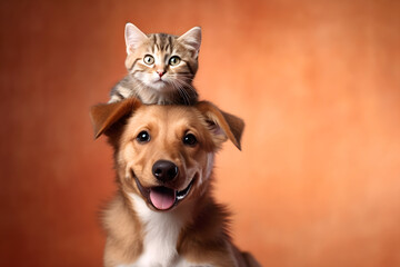 Cat and dog together on a brown background