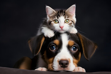Adorable black and white kitten and tricolor Beagle puppy lying on black background