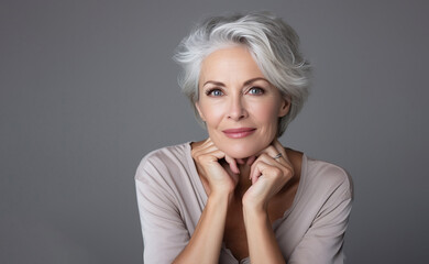 Woman touch face with smooth healthy skin. Beautiful aging young looking woman with gray hair and happy smiling, beauty and cosmetics advertising concept. - 638382084