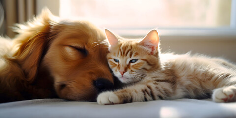Cute golden retriever puppy and tabby kitten lying in bed