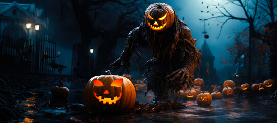 Halloween pumpkins at full moon night with a spooky house and bats in a forest. Holiday event background. - obrazy, fototapety, plakaty