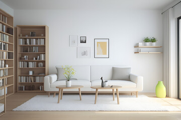 Bright living room interior with large sofa, bookshelves, coffee table, crockery, white wall, carpet and oak wooden floor. Concept of minimalist design. Comfortable place for meeting. 3d rendering