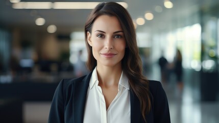 Obraz premium a business woman in light cream, beautiful confident woman in office with blurred staff working background, Generative AI