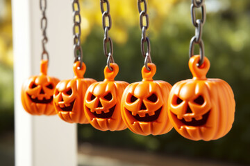 Spooky Halloween decorative jack-o-lantern garland hanging against blurred garden background