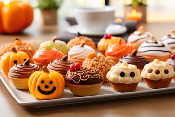 Appetizing colorful cupcakes decorated to halloween