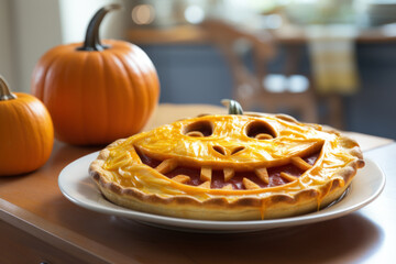 Delicious pumpkin cake decorated as jack-o'-lantern to Halloween placed on table with pumpkins