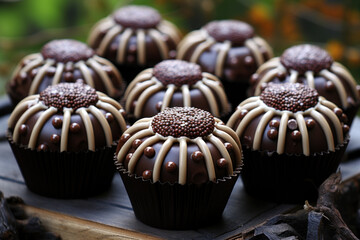 Appetizing and terrifying cupcakes decorated to halloween as spiders