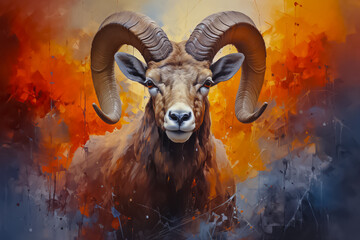 A painting of a ram with large horns - obrazy, fototapety, plakaty