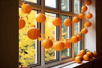 Window decorated with Halloween garland and pumpkins on window sill