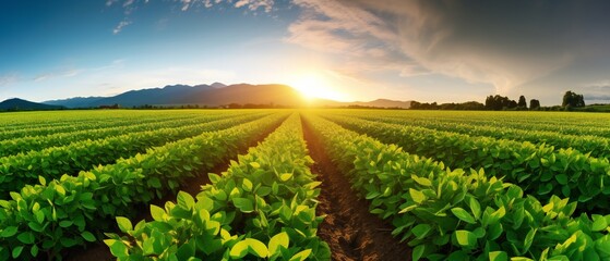Agricultural soy plantation on field with sunset background - obrazy, fototapety, plakaty